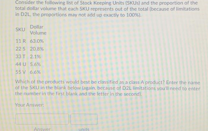 Solved Consider the following list of Stock Keeping Units | Chegg.com