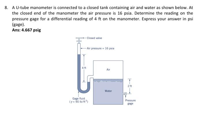 Solved 8. A U-tube manometer is connected to a closed tank | Chegg.com