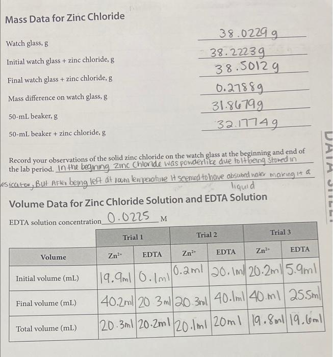 Solved Titration of Zinc Chloride Trial 1 Trial 2 Trial