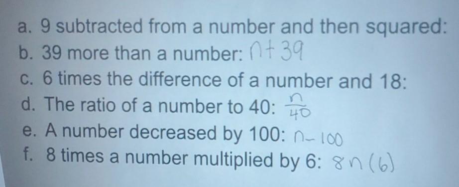 Solved a. 9 subtracted from a number and then squared: b. 39 | Chegg.com