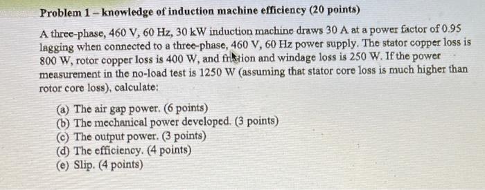 Solved Problem 1 -knowledge of induction machine efficiency | Chegg.com
