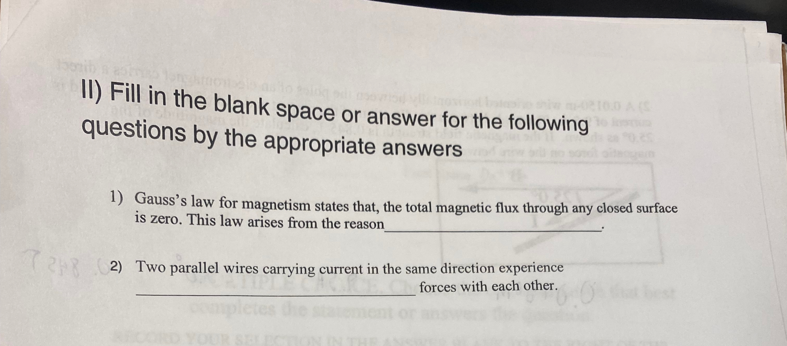 Solved II) ﻿Fill in the blank space or answer for the | Chegg.com