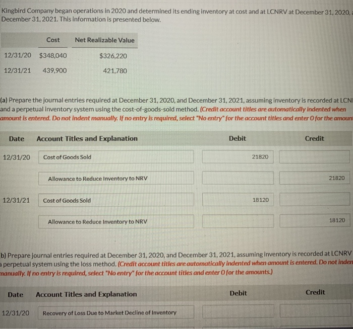 Solved Kingbird Company began operations in 2020 and
