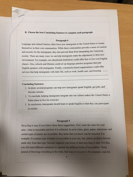 Solved QUESTION 1 A Choose The Best Topic Sentence For Each Chegg