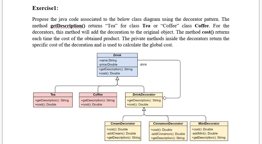 Solved Exercise1: Propose the java code associated to the | Chegg.com