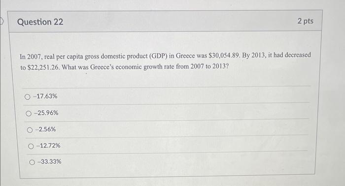 Solved Question 22 2 pts In 2007, real per capita gross | Chegg.com