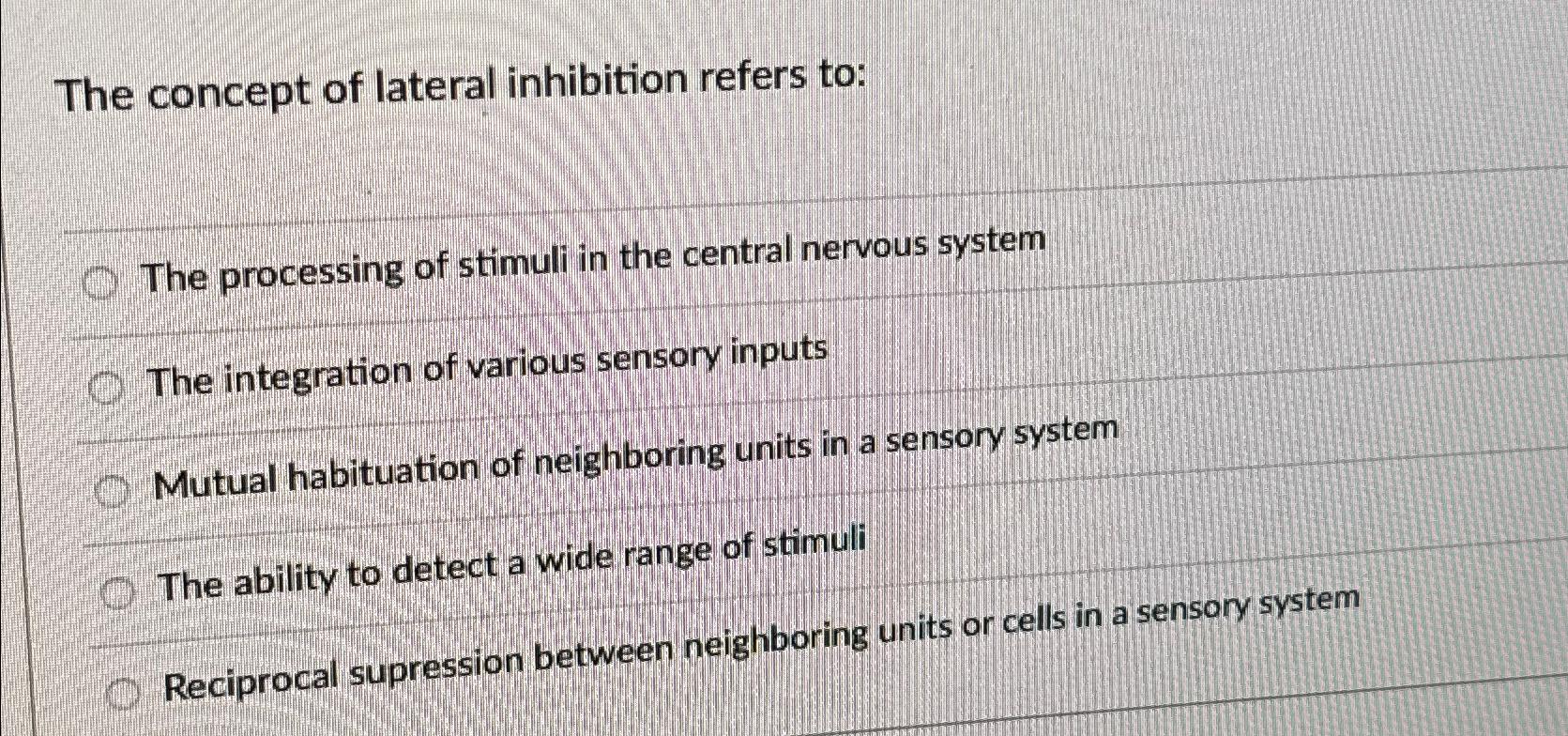 Solved The concept of lateral inhibition refers to:The | Chegg.com
