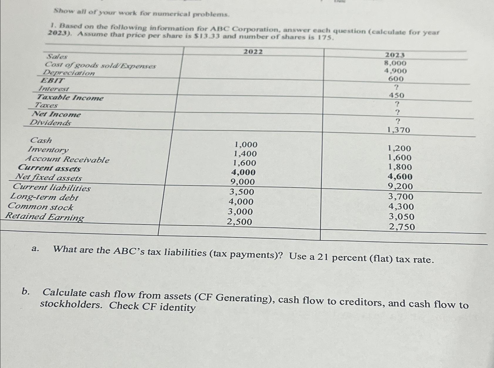 Show all of your work for numerical problems.\\nBased
