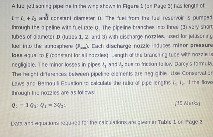 A fuel jettisoning pipeline in the wing shown in Figure 1 (on Page 3 ) has length of: \( l=l_{1}+l_{2} \) and constant diamet