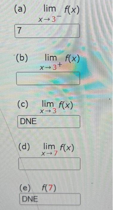 Solved (a) limx→3−f(x) 7 (b) limx→3+f(x) (c) limx→3f(x) DNE | Chegg.com