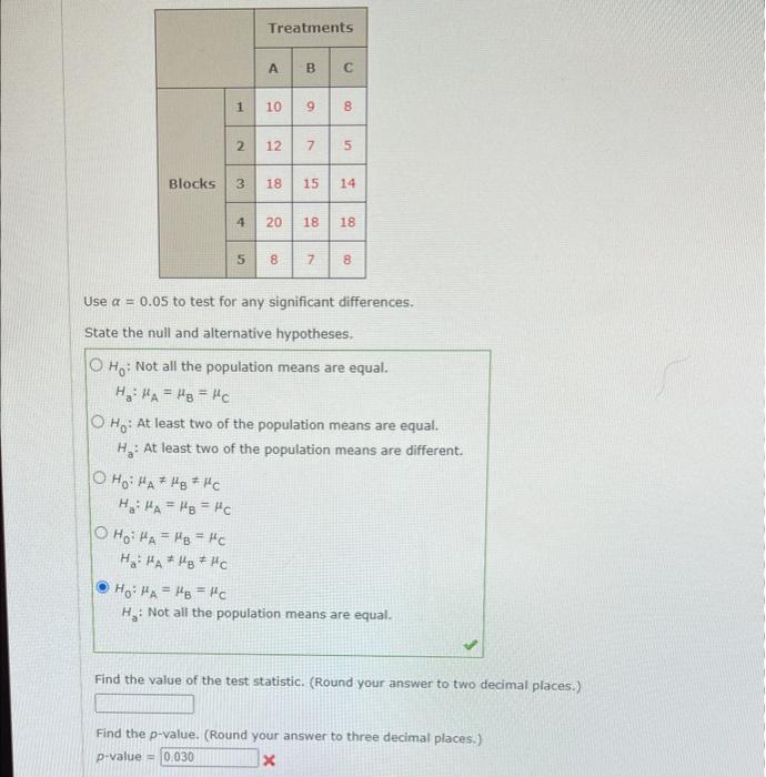 Solved Use α=0.05 to test for any significant differences. | Chegg.com