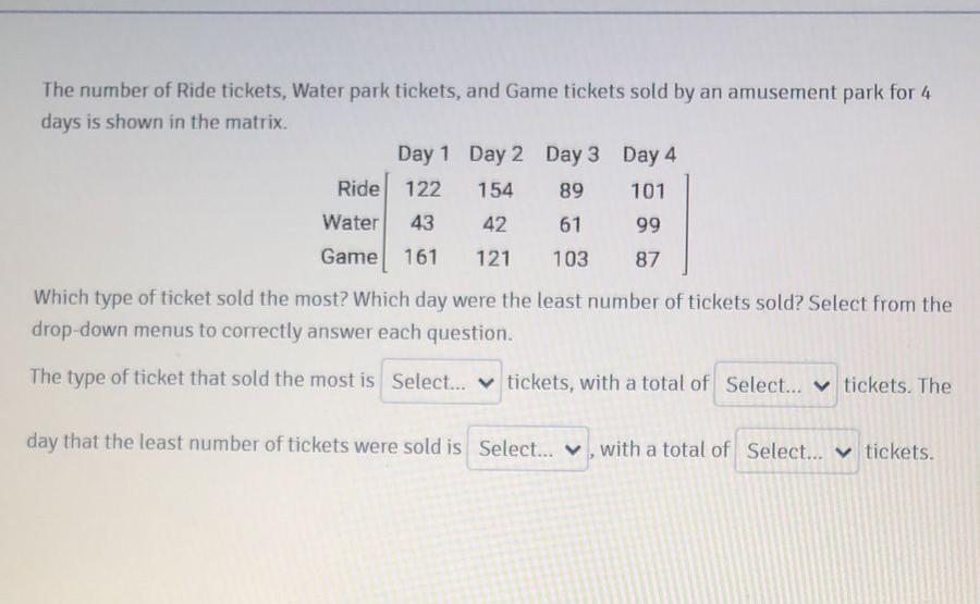 Solved The number of Ride tickets, Water park tickets, and | Chegg.com