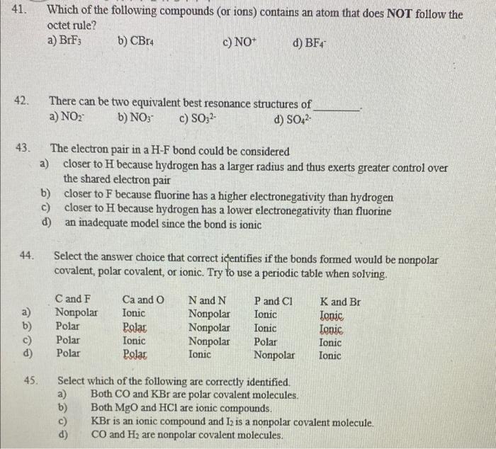 Solved 41. Which of the following compounds (or ions) | Chegg.com