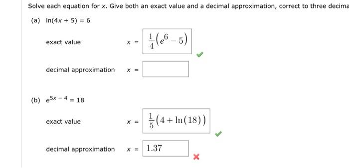 Solved Solve each equation for x. Give both an exact value | Chegg.com