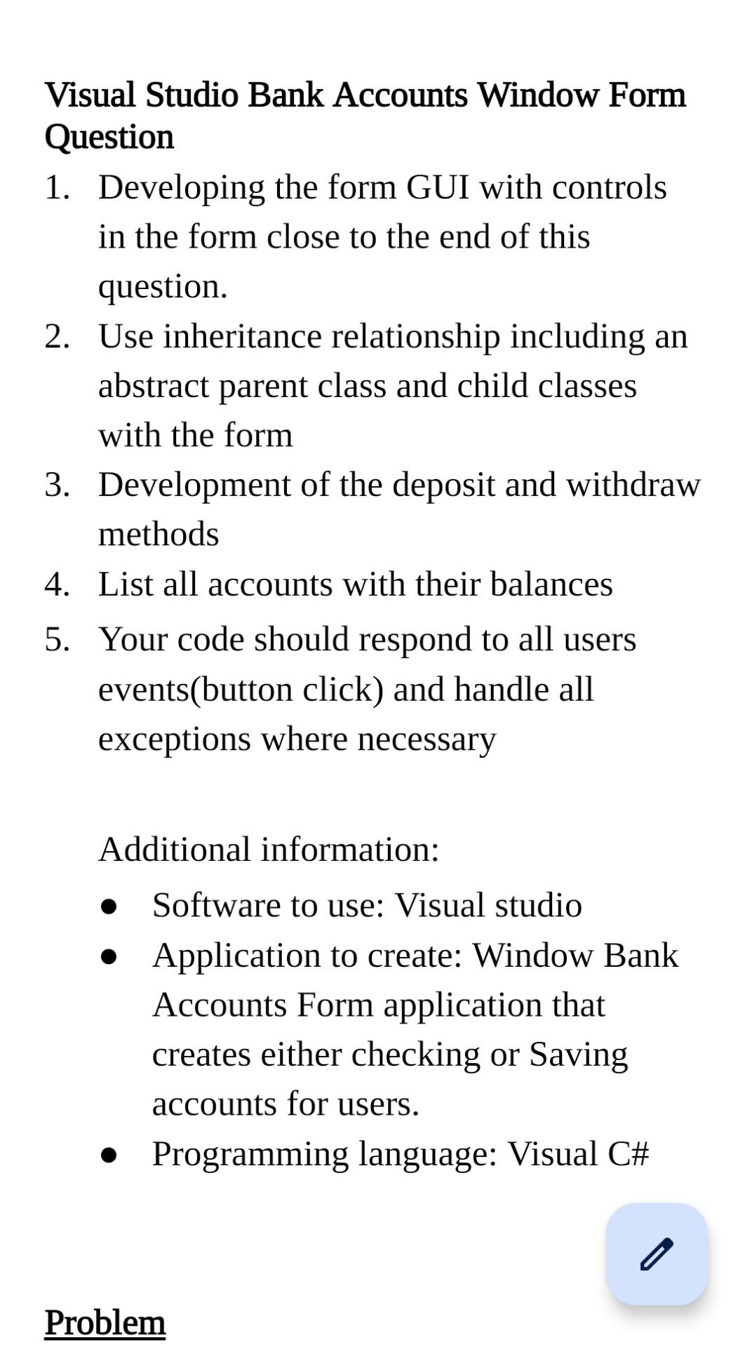 Solved Visual Studio Bank Accounts Window Form Question 1. | Chegg.com
