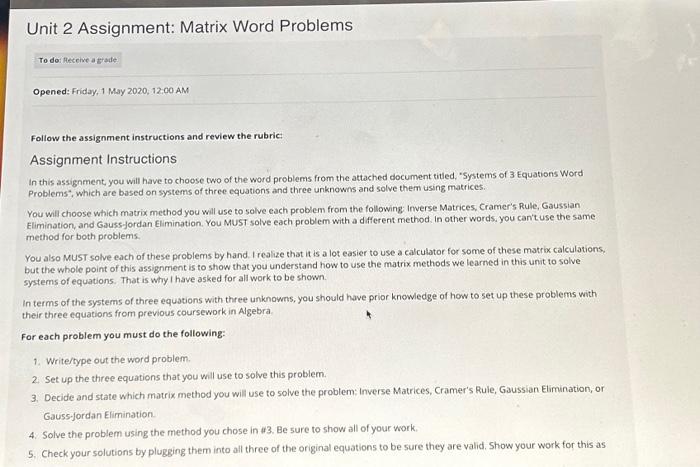 unit 2 assignment matrix word problems