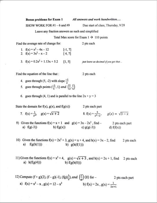 Solved Bonus problems for Exam 1 SHOW WORK FOR \#1- 6 and | Chegg.com