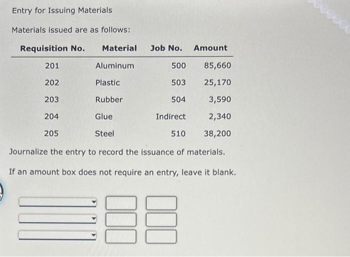 Solved Entry for Issuing Materials Materials issued are as