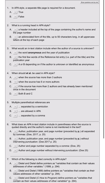 Solved 1. In APA style, a separate title page is required | Chegg.com