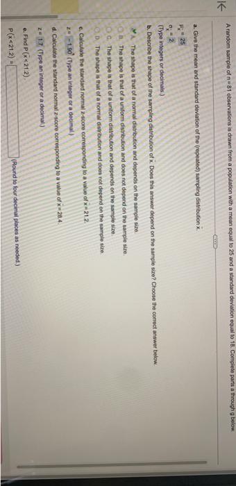 Solved A random sample of n=81 observations is drawn from a | Chegg.com