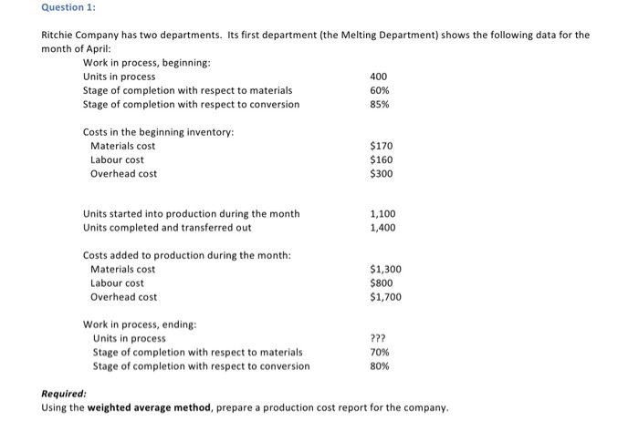 Solved Question 1: Ritchie Company has two departments. Its | Chegg.com