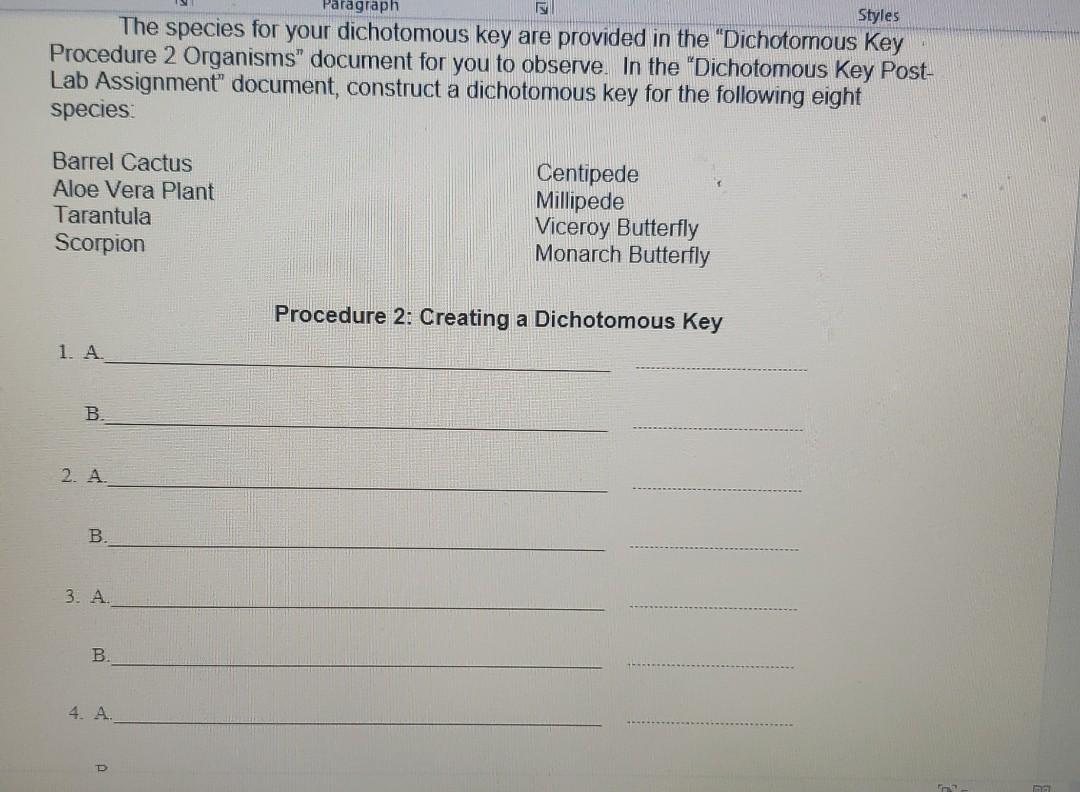 Solved Paragraph Styles The species for your dichotomous key | Chegg.com