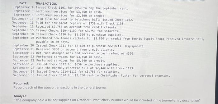 DATE TRANSACTIONS September 1 Issued Check 1101 for | Chegg.com