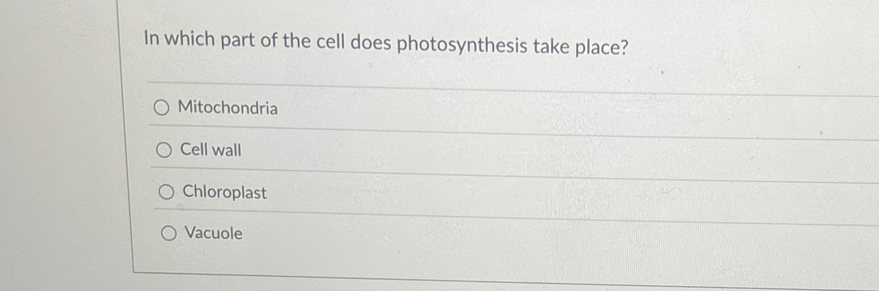 In which part of the cell does photosynthesis take | Chegg.com