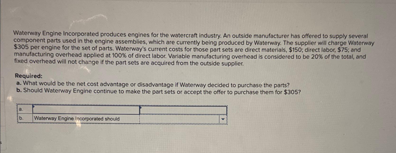 Solved Waterway Engine Incorporated Produces Engines For The | Chegg.com