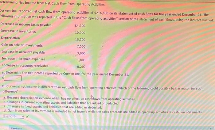 Solved Determining Net Income from Net Cash Flow from | Chegg.com