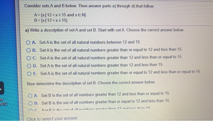 Solved Consider Sets A And B Below. Then Answer Parts A) | Chegg.com