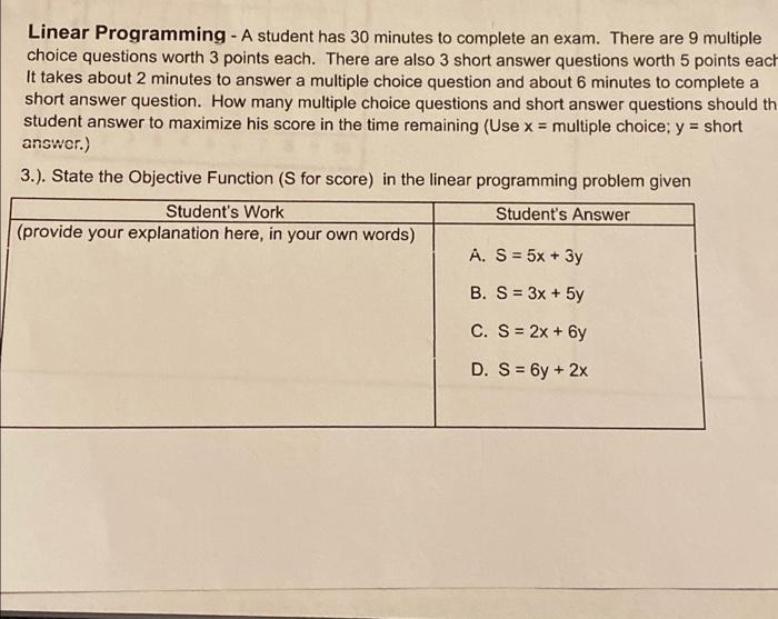 Solved = Linear Programming - A student has 30 minutes to | Chegg.com