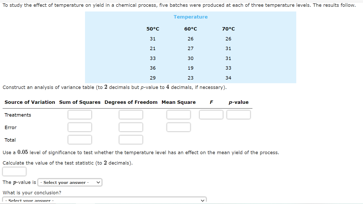 Solved To study the effect of temperature on yield in a | Chegg.com
