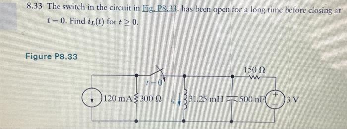 Solved 8.33 The switch in the circuit in Fig. P8.3.3. has | Chegg.com