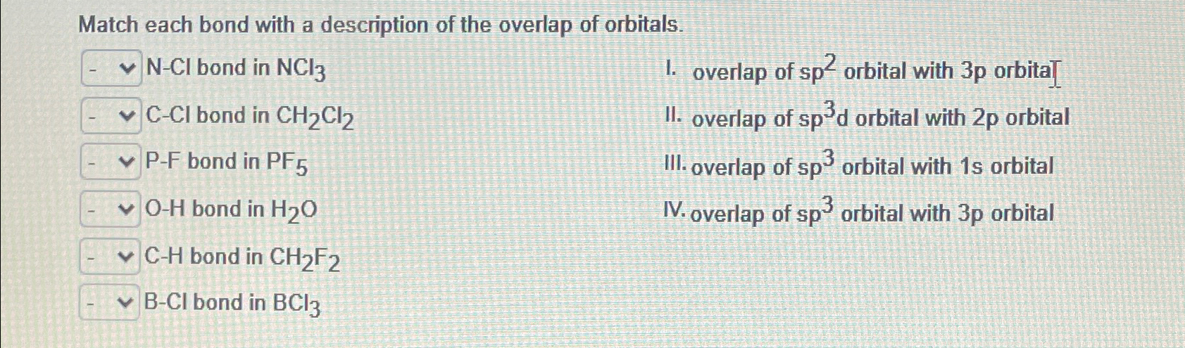 Solved Match each bond with a description of the overlap of | Chegg.com