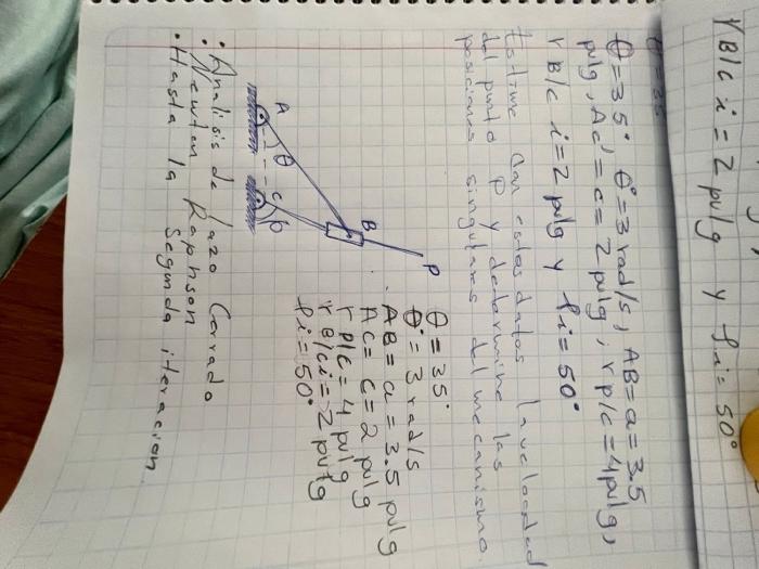 \( |B| C \dot{x}=2 \) pulg y \( \rho_{i}=50^{\circ} \) \( \theta=35^{\circ}, \theta^{\circ}=3 \mathrm{rad} / \mathrm{s}, A B=