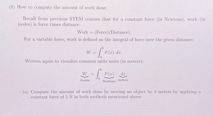 Solved 8) How to compute the amount of work done. Recall | Chegg.com
