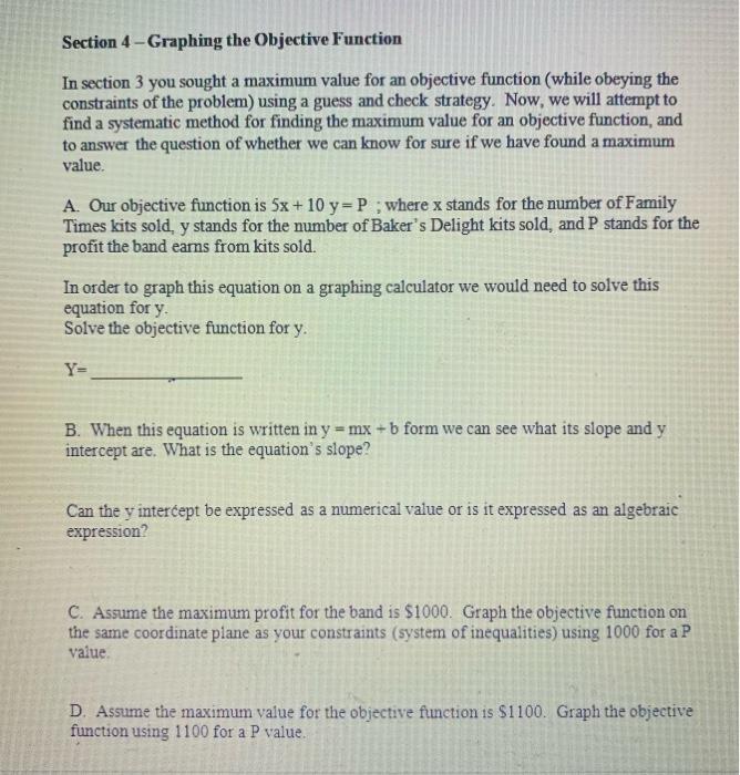 Solved Section 4 - Graphing the Objective Function In | Chegg.com