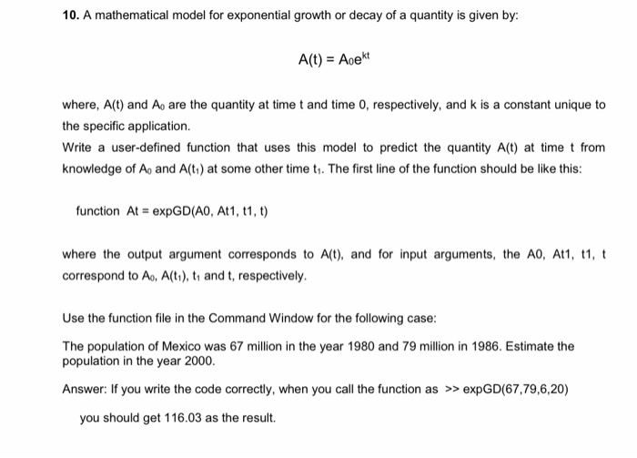 Solved 10. A mathematical model for exponential growth or | Chegg.com