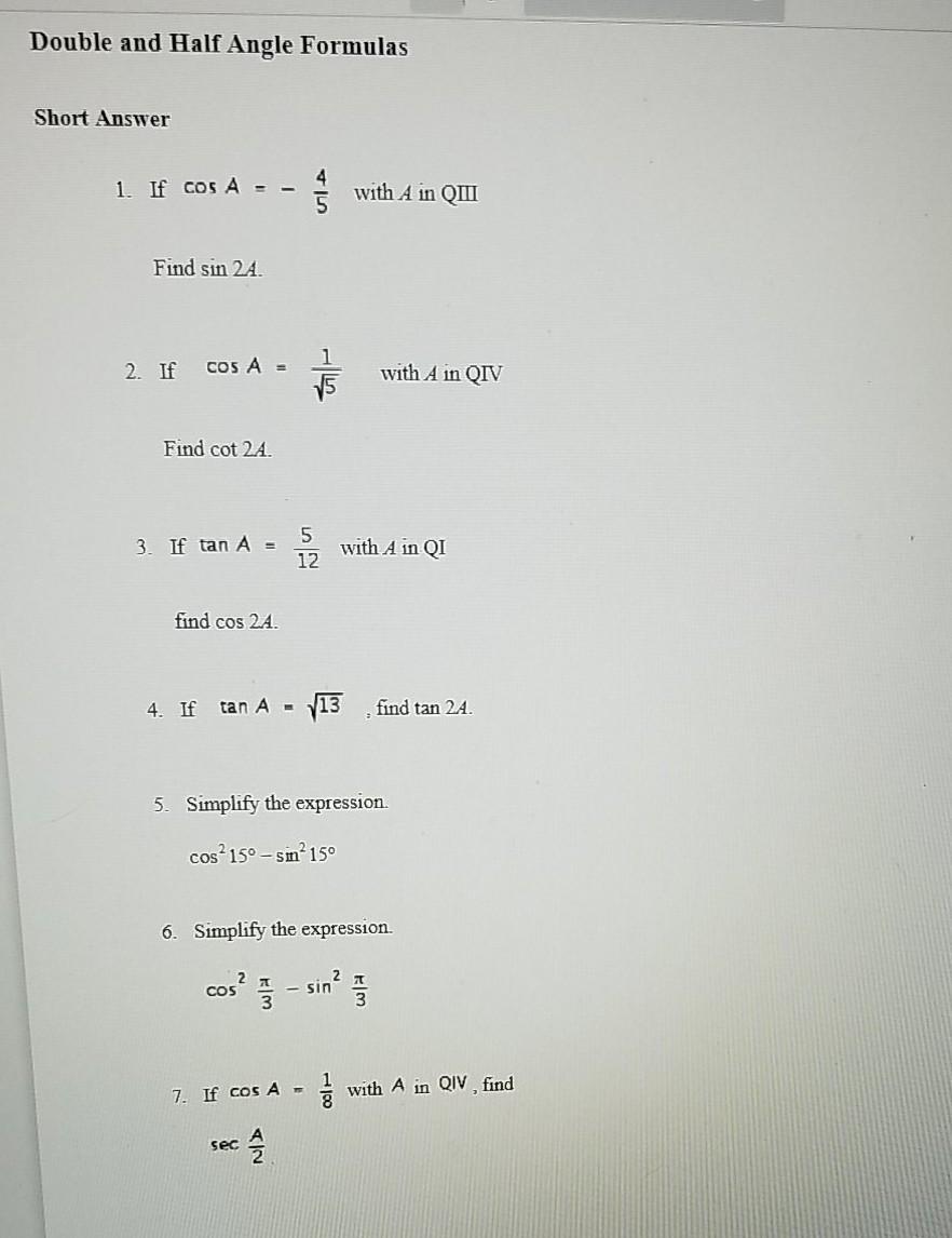 Solved Double and Half Angle Formulas Short Answer 4 1. If | Chegg.com