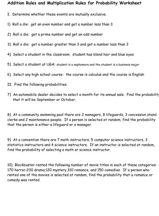 Probability Multiplication Rule Worksheet