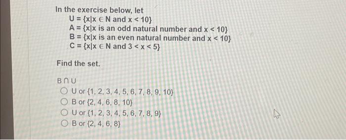 Solved In the exercise below, let U={x∣x∈N and x