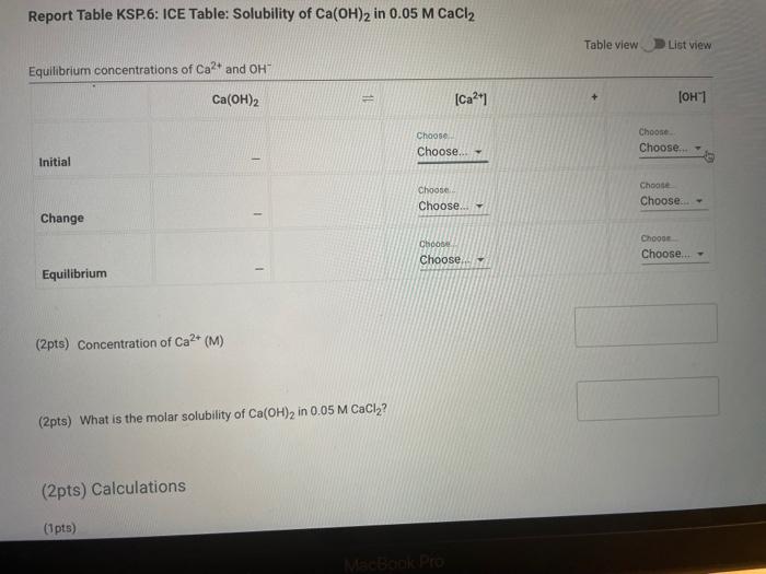 Solved Report Table KSP.6 ICE Table Solubility of Ca(OH)2