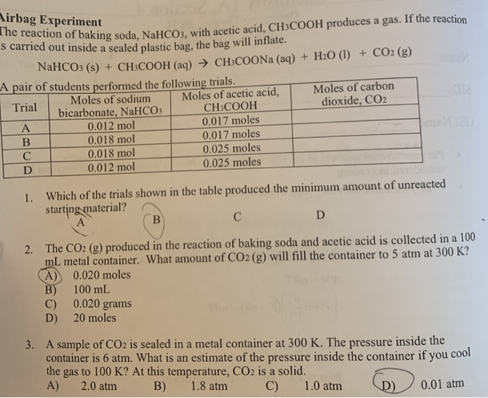 Solved Airbag Experiment The reaction of baking soda, NaHC