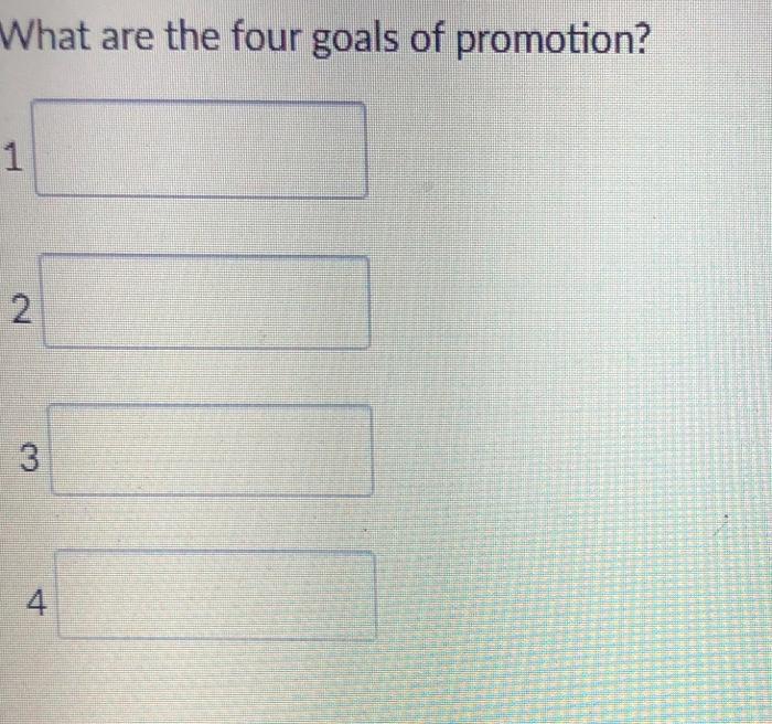 Solved What are the four goals of promotion? 1 2 3 4 | Chegg.com
