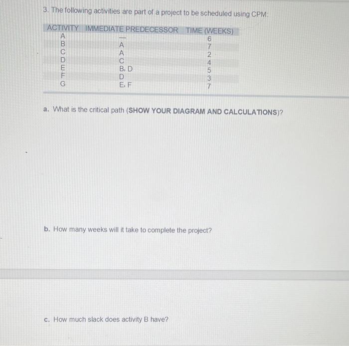 3. The following activities are part of a project to be scheduled using CPM:
a. What is the critical path (SHOW YOUR DIAGRAM