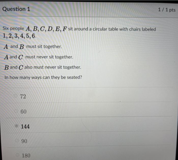 Solved Question 1 1/1 Pts Six People A, B, C, D, E, F Sit | Chegg.com