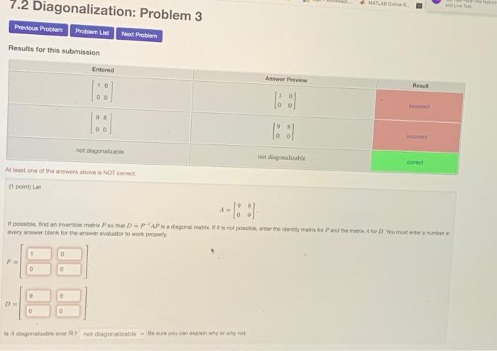 Solved 7.2 Diagonalization: Problem 3 Previous Problem | Chegg.com