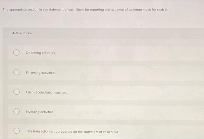 The appropriate section in the statement of cash flows for reporting the issuance of common stock for cash is:
Mutiple Choice