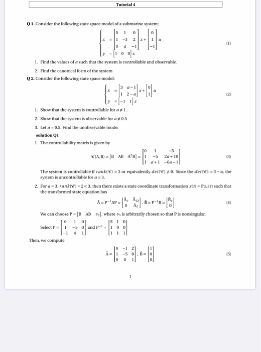 Solved Tutorial 4 Q1 Consider The Following State Space Chegg Com